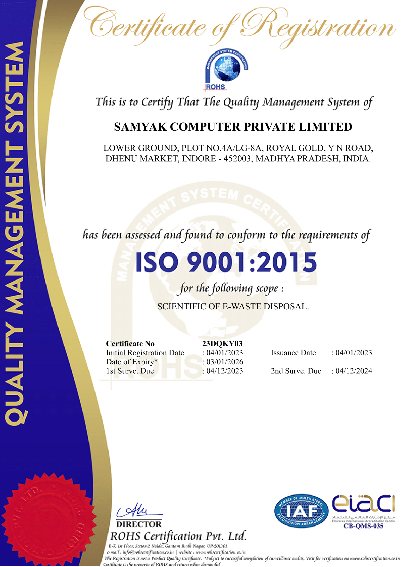 ISO 9001 : 2015 Certificate