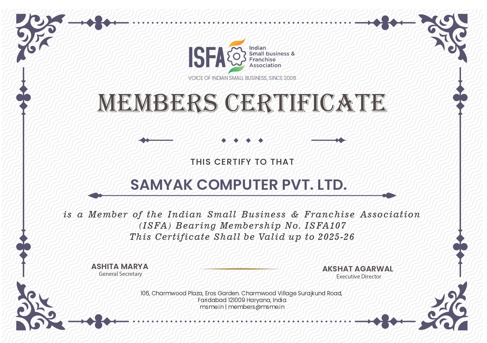 ISFA Certificate